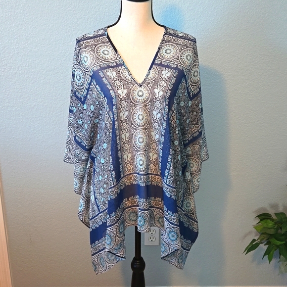 J. Jill Sweaters - J JILL Women's Poncho Kimono Paisley Print Orange & Blue One Size